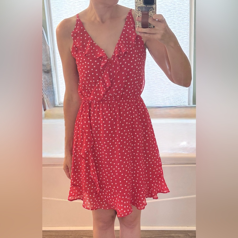 H&M women’s red white polka dot mini dress chiffon sleeveless cinched waist 8/S